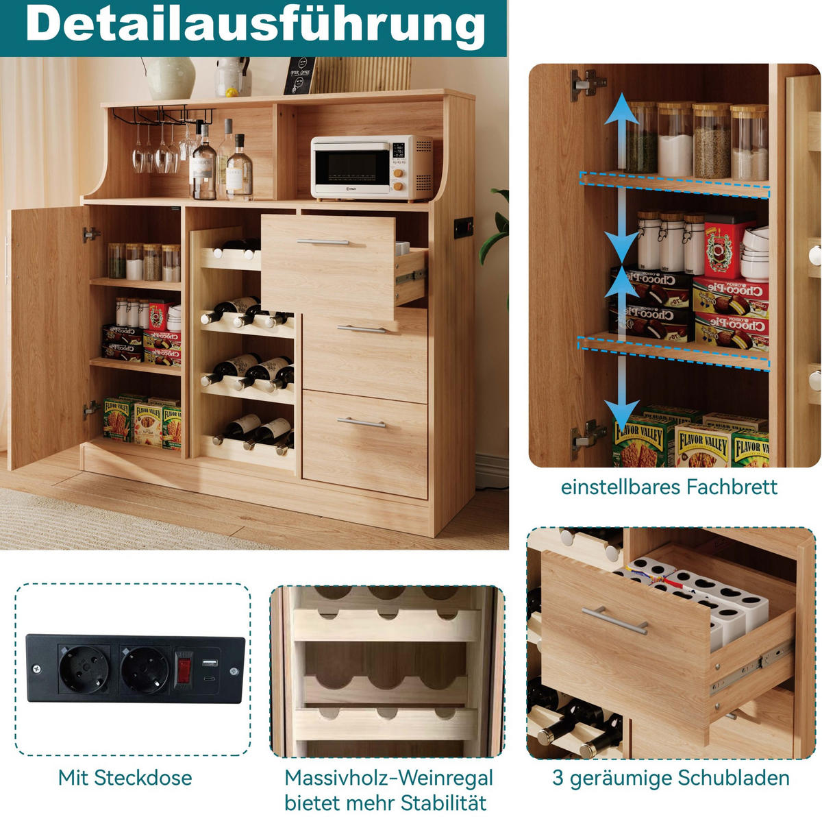 SIDEBOARD 120/40/121 cm z MDF v přírodní a bílé barvě s LED a zásuvkou - bílá, kompozitní dřevo (120/121/40cm) - Modenvie