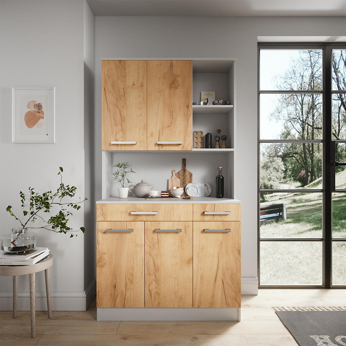 KÜCHENBUFFET Raul Weiß/Goldkraft Eiche 100.1 x 188.5 cm mit 5 Türen & 2 Schubladen - Honigeiche/Eiche Wotan, Holzwerkstoff (100.1/188.5/46cm) - Vicco