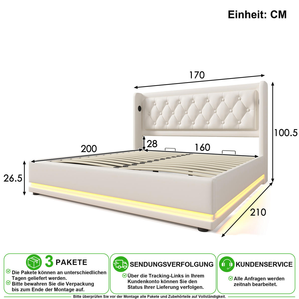 POLSTERBETT 160/200 cm in Weiß mit Bettkasten, LED, USB, Type-C und Matratze - Weiß, Holzwerkstoff/Textil (160/200cm) - CHICFURN