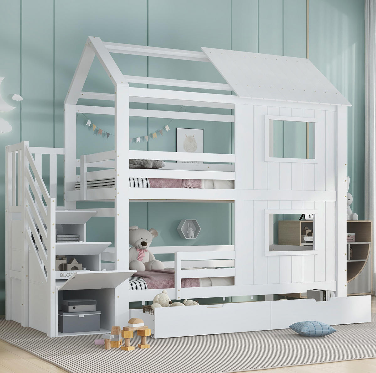 ETAGENBETT 90/200 cm weiß aus Kiefer und MDF mit Treppenschrank - Weiß, Holz (90/200cm) - OKWISH