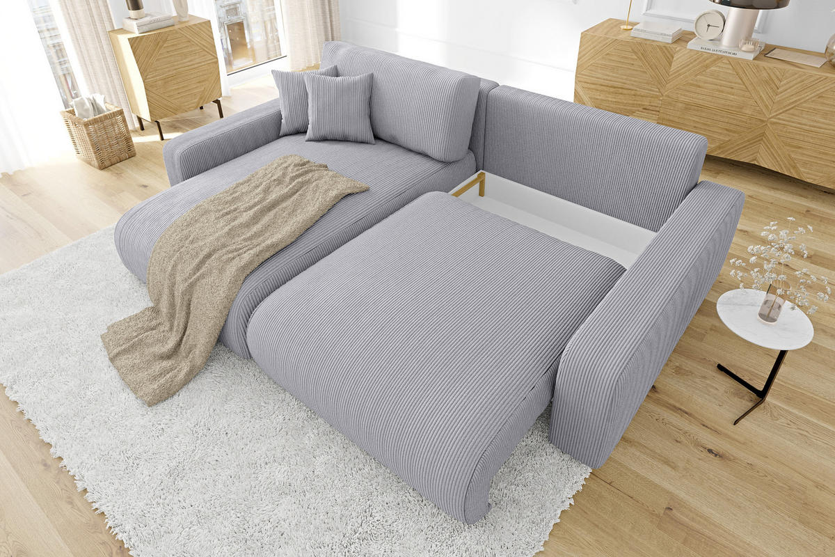 ECKSOFA Emma Hellgrau Cord - Ottomane links - Hellgrau, Textil (234/170cm) - S-Style Möbel