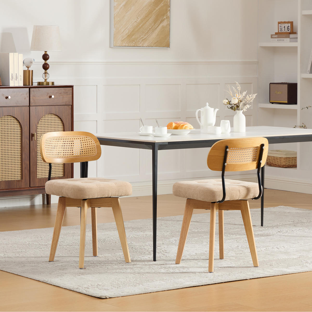 STUHL-SET 2 Stück, 360° drehbar, Rattan-Rückenlehne, DE-42279, Khaki - Sandfarben, Metall (50/77/43cm) - ComfortXL