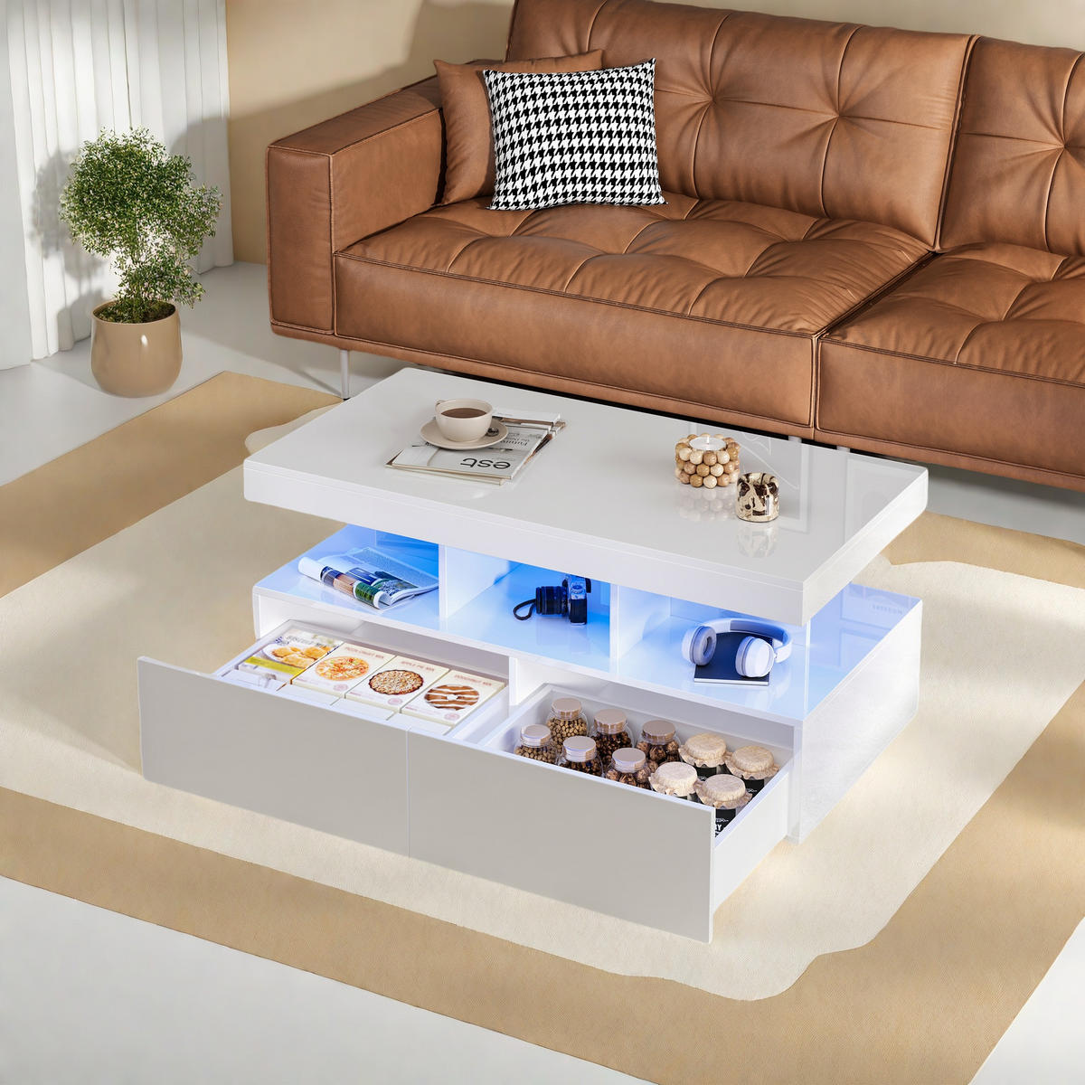 COUCHTISCH hochglanz weiß mit LED und zwei schubladen - Weiß, Metall (104/53/46cm) - SHOPENTRA
