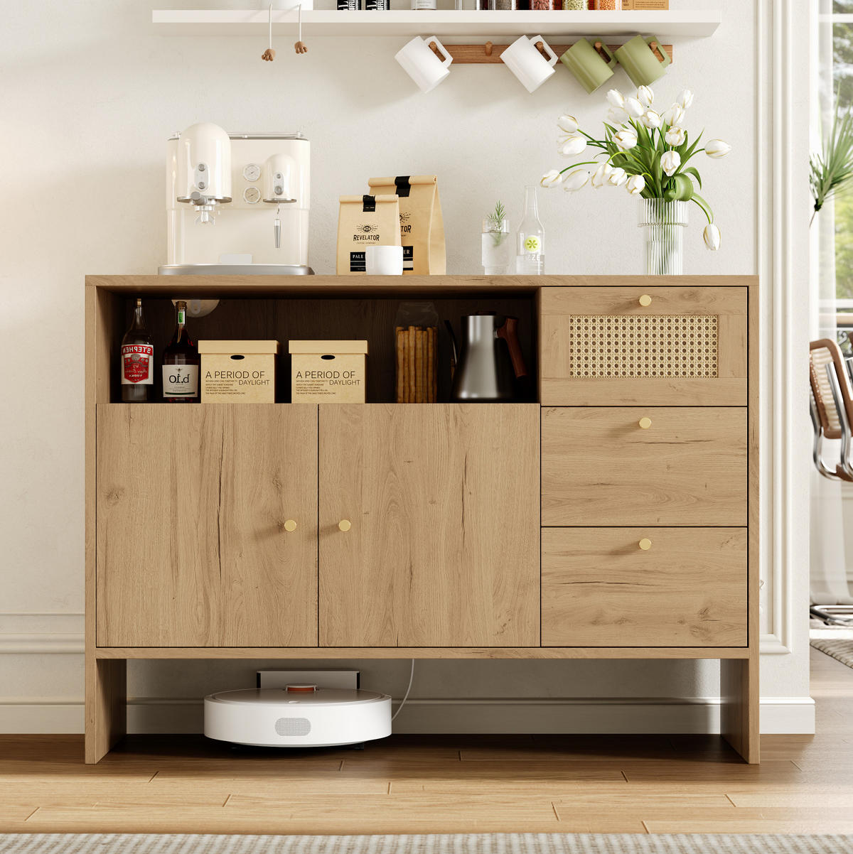SIDEBOARD 105/40/76 cm mit 2 Türen, 3 Schubladen und offenem Fach in Rattan-Optik aus Spanplatte, Natur - Naturfarben, Holzwerkstoff (105/76/40cm) - Redom