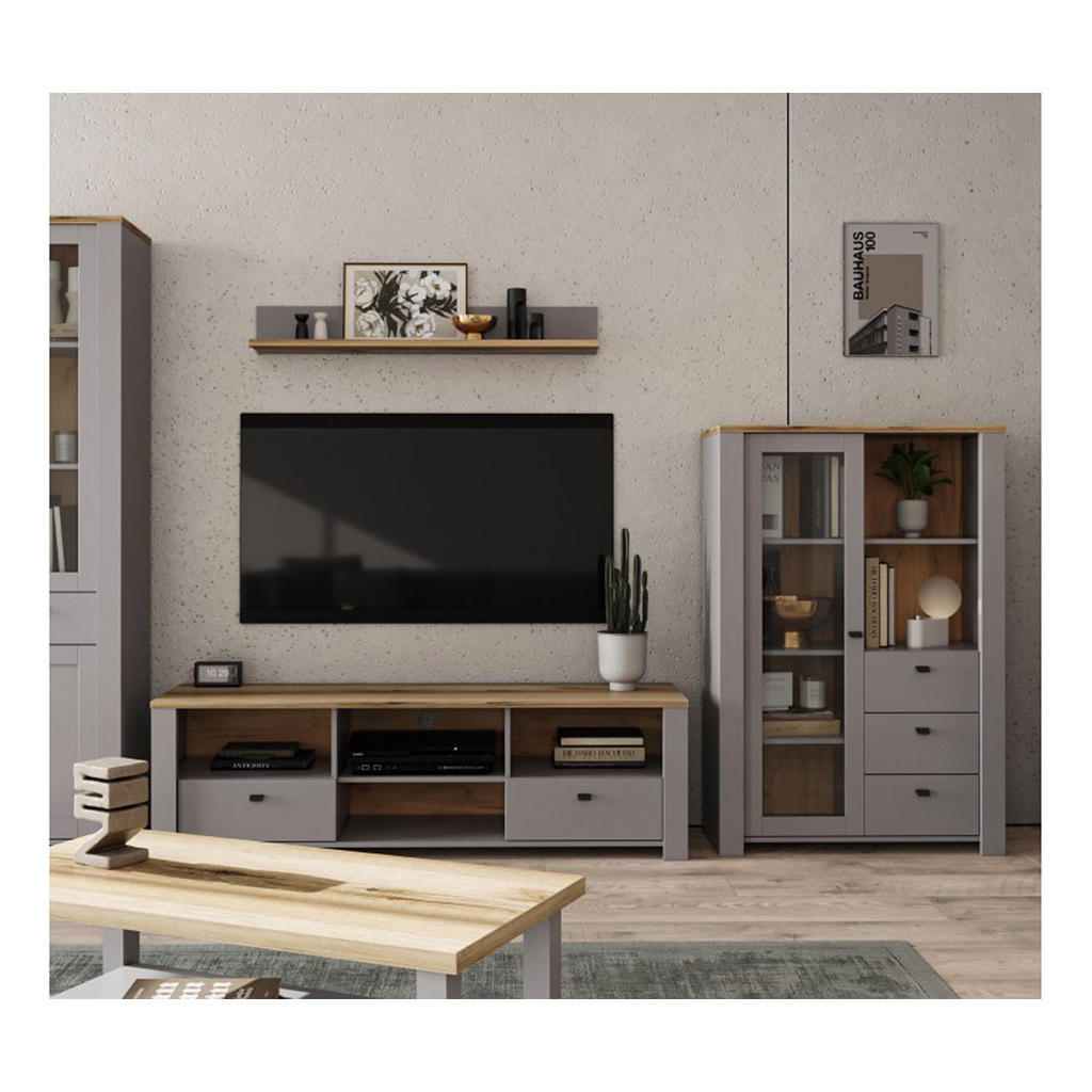 Thumbnail - Feldmann-Wohnen Wohnwand, Grau, Braun, Holz, 5 Fächer, 5 Schubladen, Rechteckig, 255x135x57 cm, Wohnzimmer, Wohnwände, A...