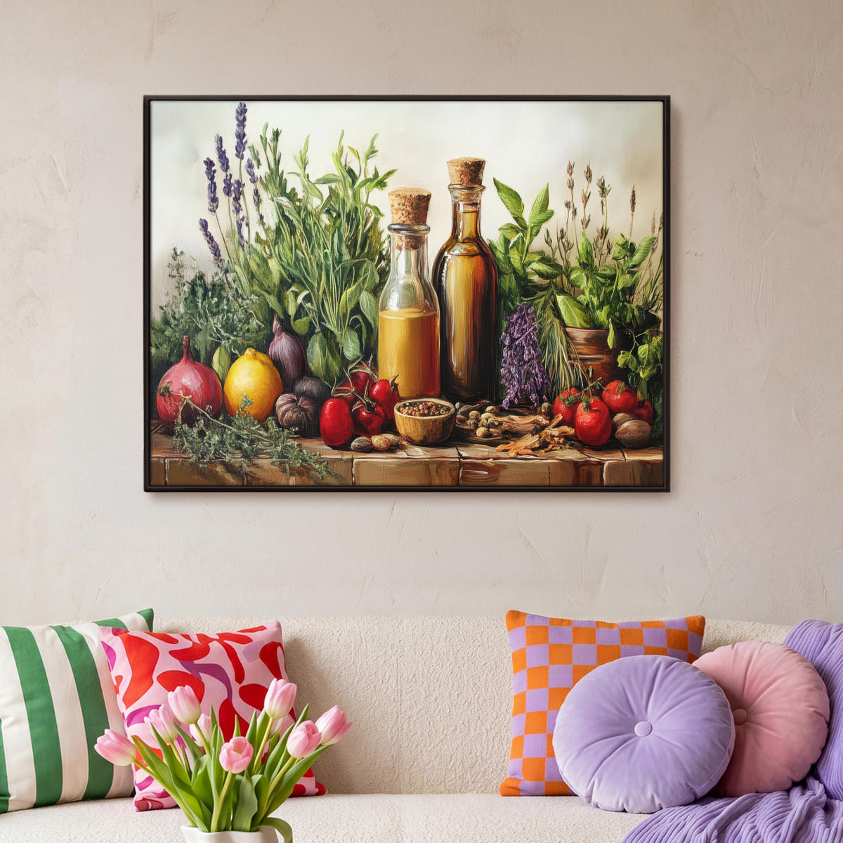 LEINWAND Bilder mit Rahmen - Stilleben - Kräuter - Gewürze - Früchte - Farbenfroh - 100x70 - Grün, Textil (100/70cm) - MuchoWow