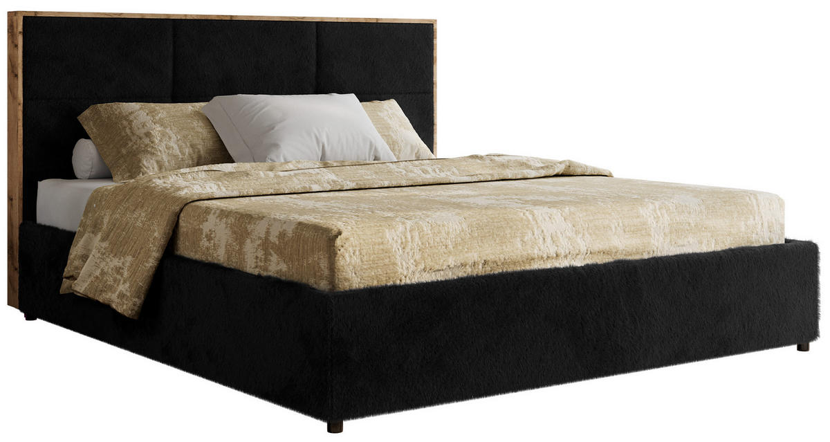 POLSTERBETT LERIO CLASSIC 160/200 - Schwarz Plüsch - Multipocket-Matratze - Schwarz, Textil (160/200cm) - MKS