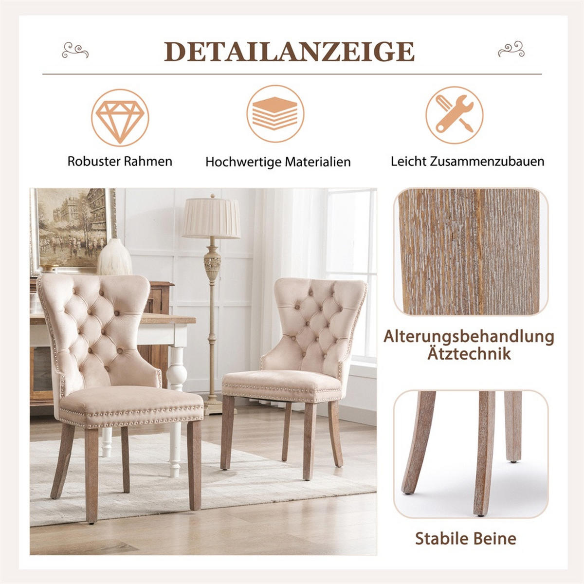 ESSZIMMERSTUHL 2er-Set - Samtbezug mit Knopfheftung, Ziernieten und Griffring - Beige - Beige, Textil (53.5/95/64cm) - DELFA