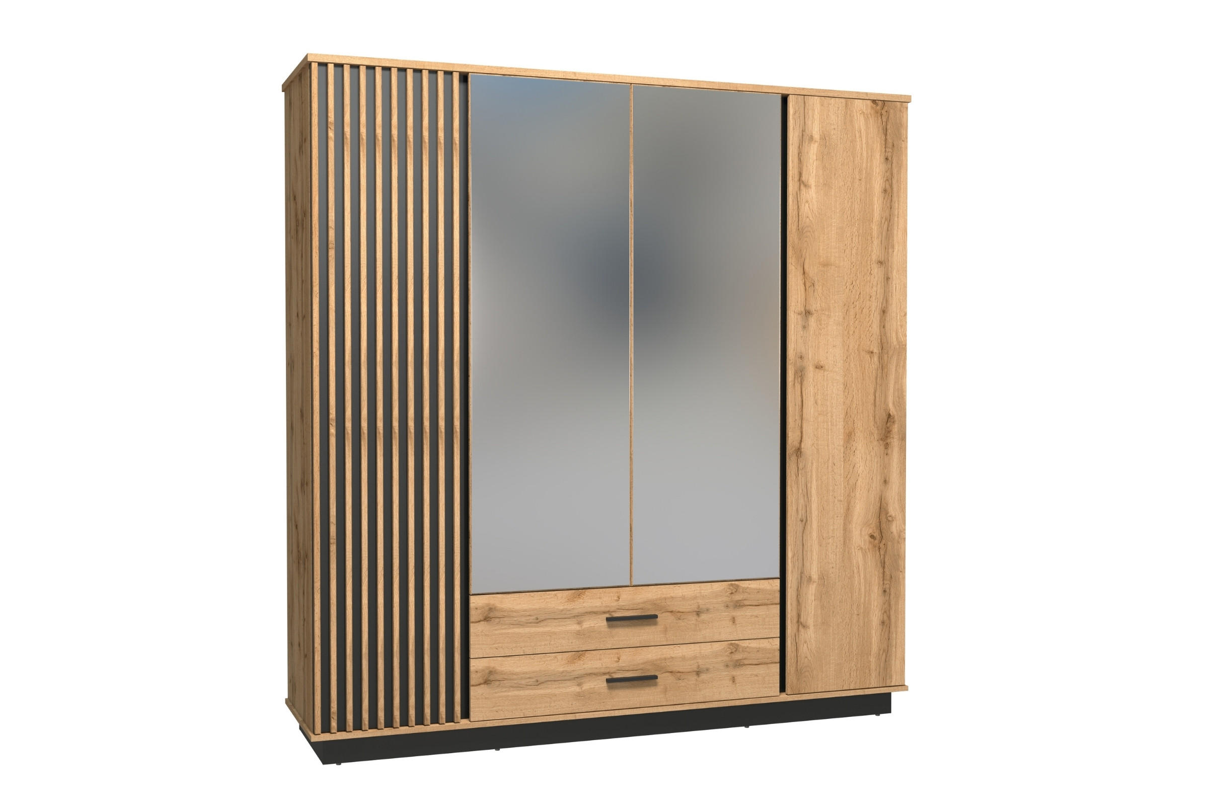 KLEIDERSCHRANK LAMI 18 197/205/52 cm in Wotan Eiche / Schwarz Matt mit Lamellen und Spiegel - Eiche Wotan/Schwarz, Holzwerkstoff (197/205/52cm) - Deine Möbel 24