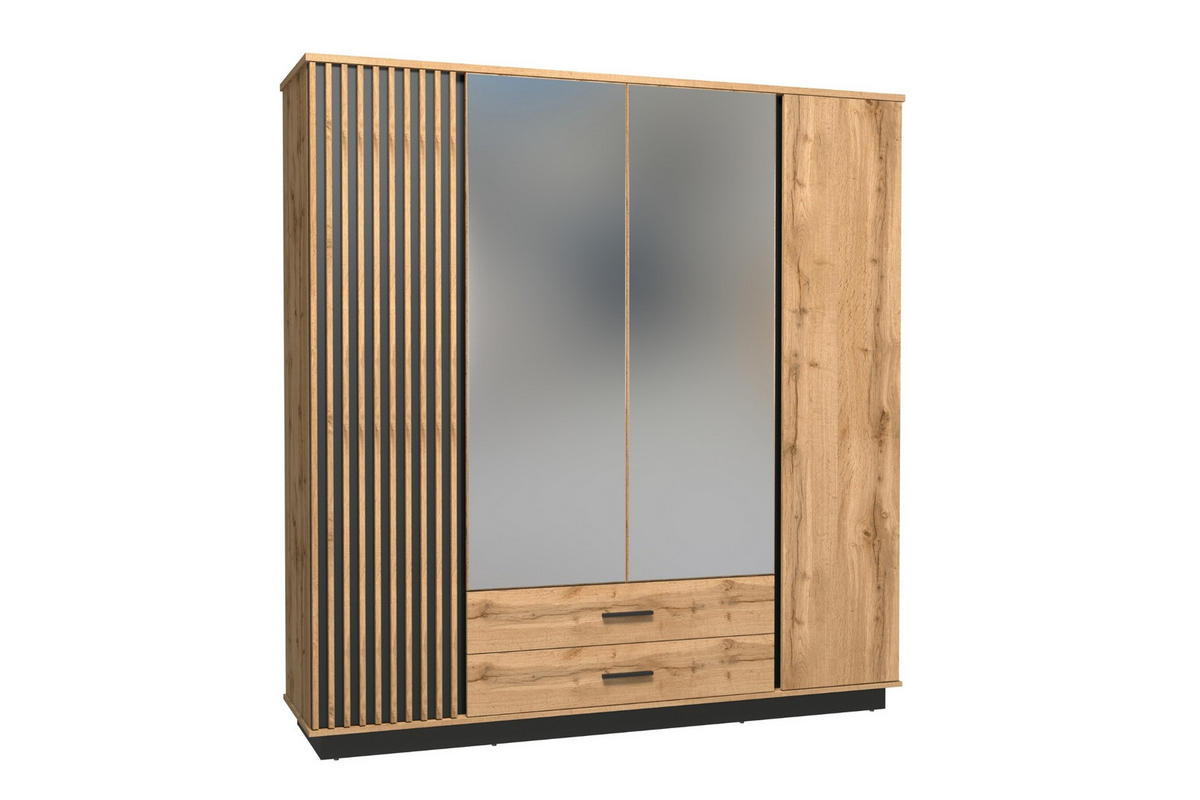 KLEIDERSCHRANK LAMI 18 197/205/52 cm in Wotan Eiche / Schwarz Matt mit Lamellen und Spiegel - Eiche Wotan/Schwarz, Holzwerkstoff (197/205/52cm) - Deine Möbel 24
