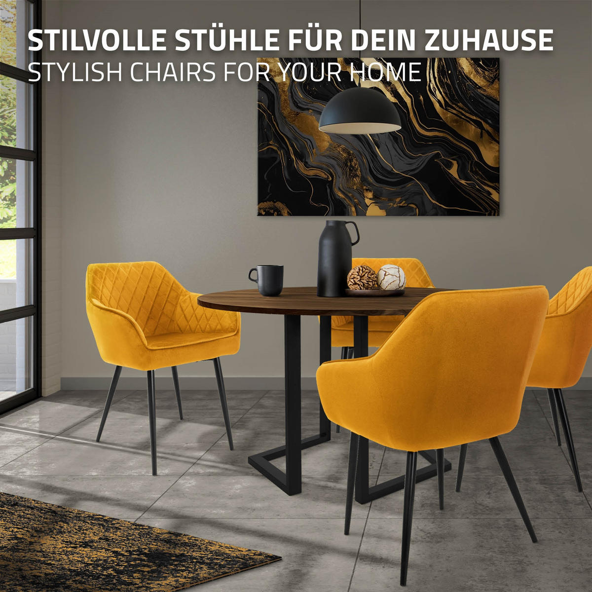 ESSZIMMERSTUHL 6er Set Senfgelb Samt - Gelb/Schwarz, Textil/Metall (63/80/60cm) - ML-DESIGN