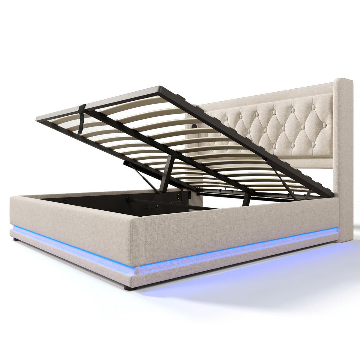 BETT mit Stauraum, LED und USB 140x200 cm Beige Baumwolle - Beige, Metall (140/200cm) - Meubliv