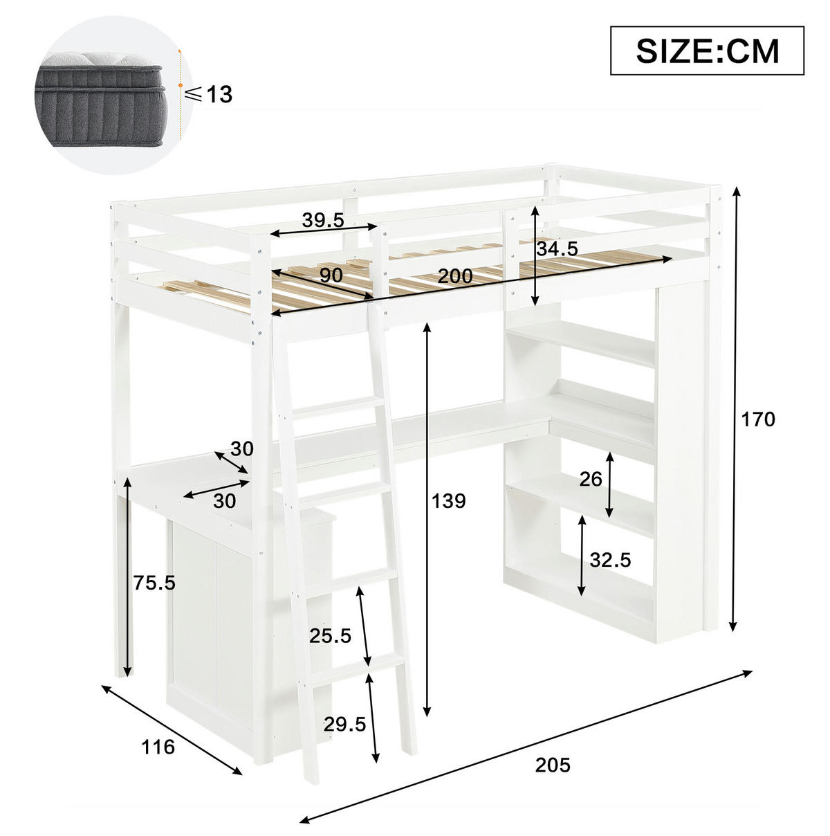 HOCHBETT 90/200 cm weiß aus Kiefer mit Ablageregal und Filztuch - Weiß, Holz (90/200cm) - OKWISH