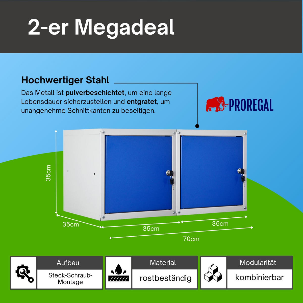 SCHLIESSFACHWÜRFEL Cubic 2er-Set 35x35x35 cm Grau-Blau - Blaugrau, Metall (70/35/35cm) - PROREGAL
