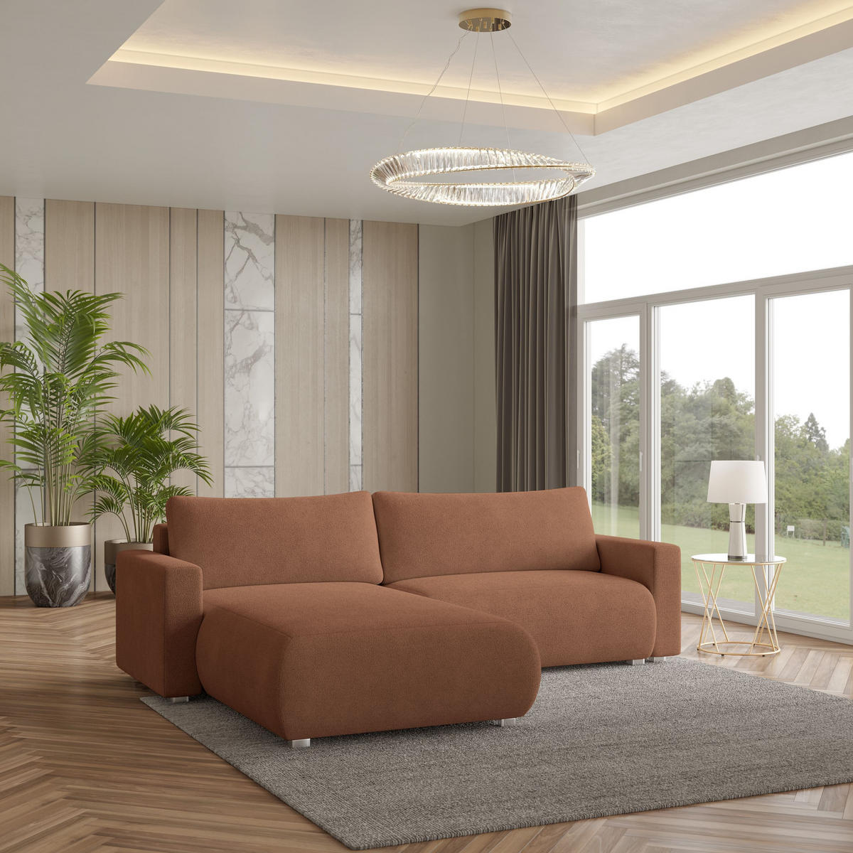 ECKSOFA TURIN N Orange Bucle-Stoff mit Schlaffunktion - Orange, Holz (265/183cm) - MASSENO