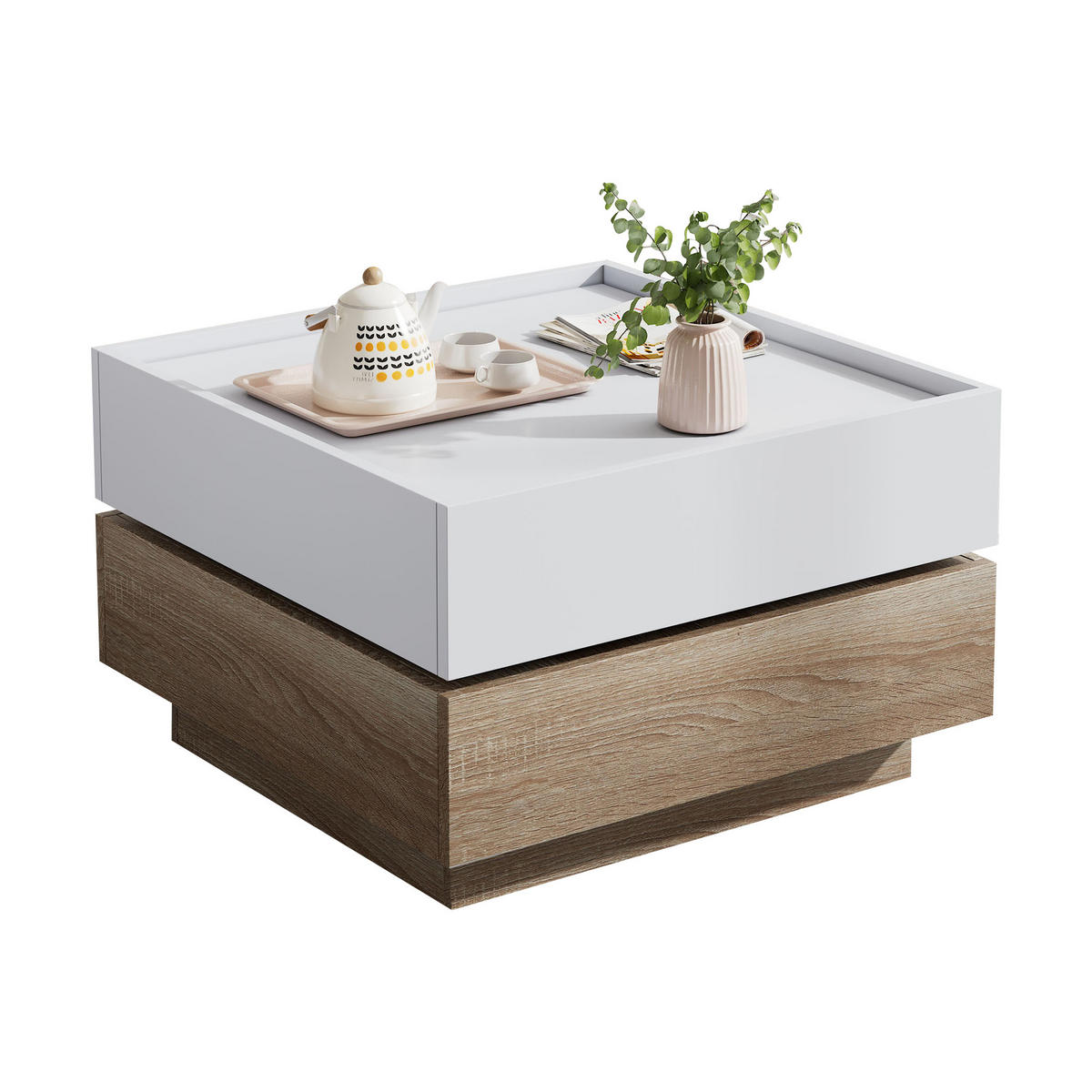 COUCHTISCH DE-078 Drehbar Weiß/Walnuss - Weiß, Holzwerkstoff (60/60/38cm) - ComfortXL