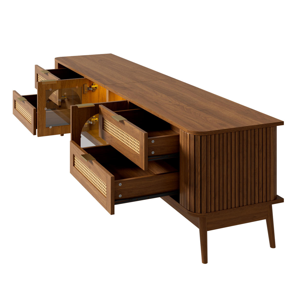 TV-SCHRANK LED Glas Türen Sideboard Massivholzbeine Modern - Walnussfarben, Holzwerkstoff (180/50/40cm) - FLIEKS