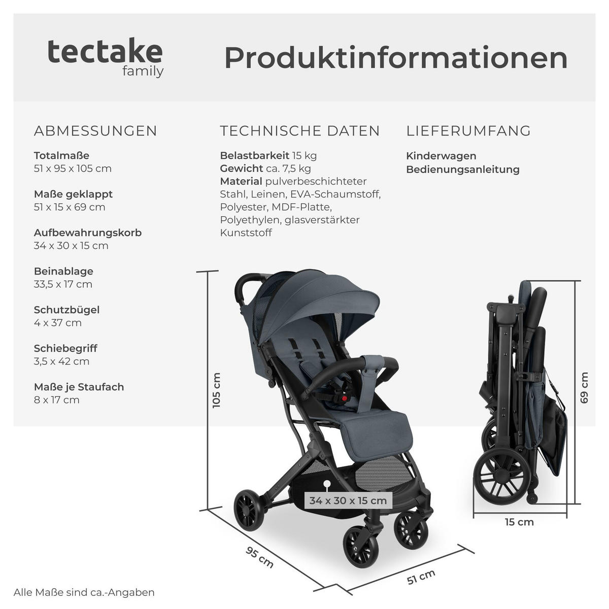 BUGGY-KINDERWAGEN Finn,für 0 bis 36 Monate geeignet, Belastbarkeit 15 kg,anthrazit - Anthrazit, Textil (95/51/105cm) - tectake