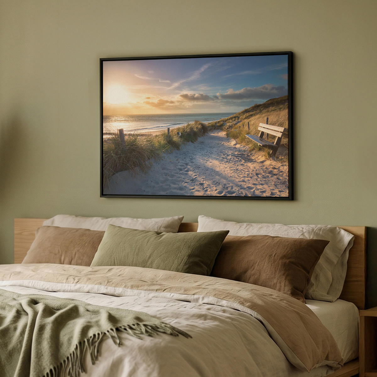LEINWAND Bilder mit Rahmen - Sonnenuntergang - Strand - Düne - Gras - Ufer - 80x60 - Sandfarben, Textil (80/60cm) - MuchoWow