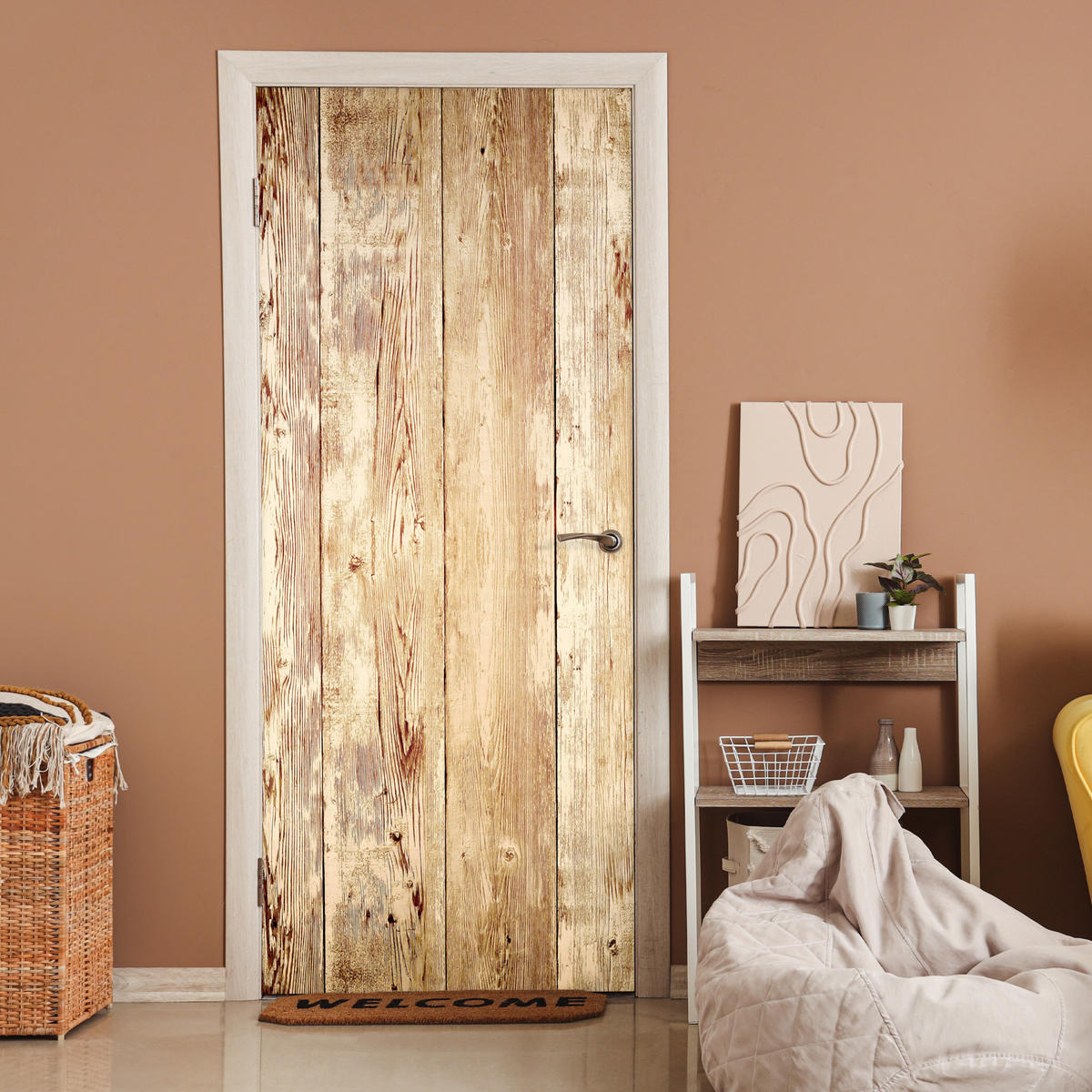 TÜRAUFKLEBER Selbstklebend - Holz - Vintage - Regal - Eiche 95x215 cm - Türtapete - Honigeiche, Kunststoff (95/0.1cm) - MuchoWow