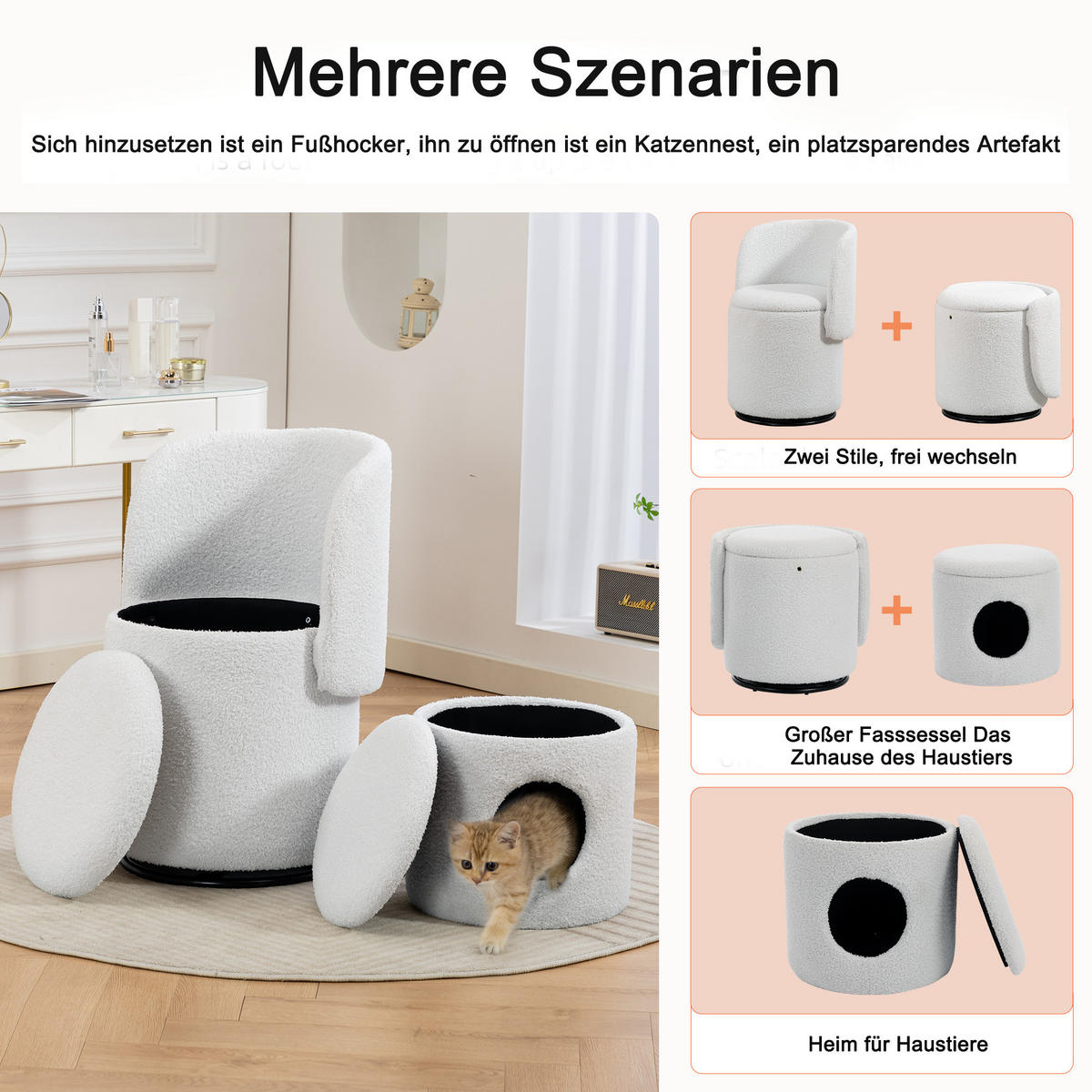 SESSEL Stoff Weiß drehbar und mit Stauraum - Weiß, Holzwerkstoff/Textil (48/75/52cm) - WISHDOR