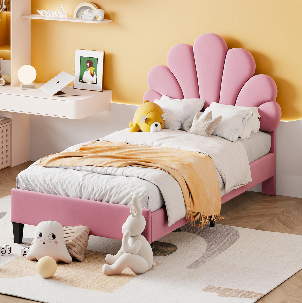 ČALOUNĚNÁ postel z MDF a sametu 90x200 cm růžová s lamelovým roštem, květinovým čelem a nosností 200 kg - růžová, textil (90/200cm) - Modfu