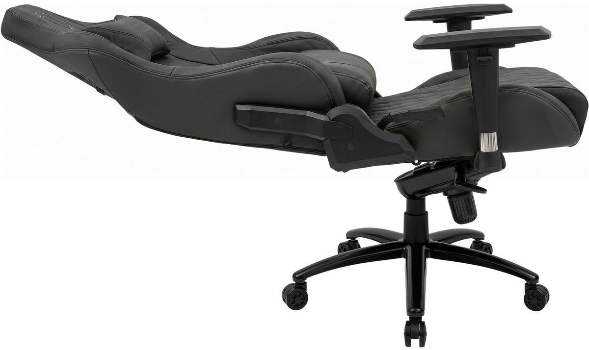 GAMINGSTUHL Echtleder grau - Schwarz/Grau, Leder/Metall (70/133/64cm) - CLP