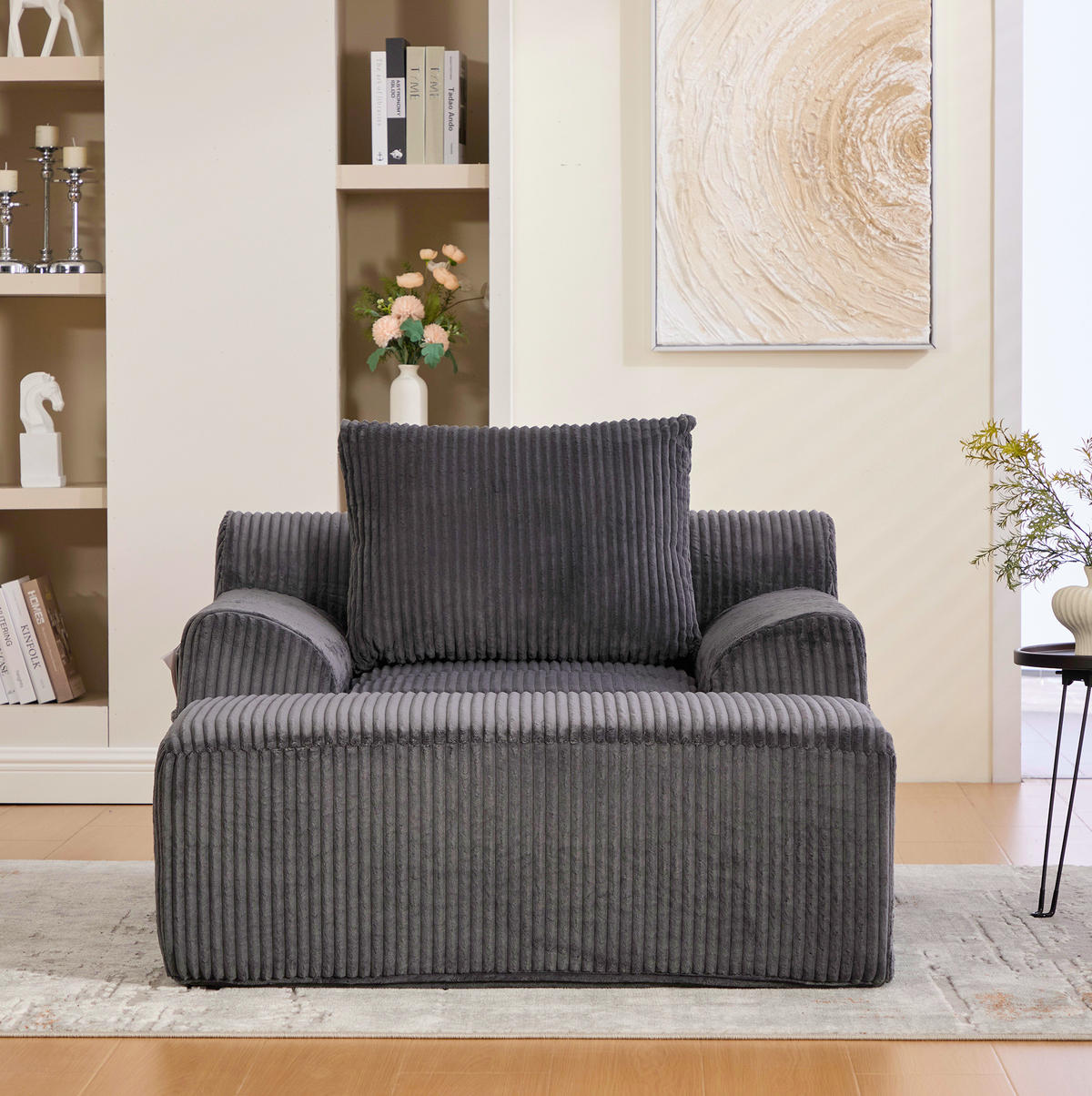 CORD-SESSEL mit Fußhocker 147/110/67 cm in Dunkelgrau – mit Seitentaschen - Dunkelgrau, Textil (147/67/110cm) - BEAOK