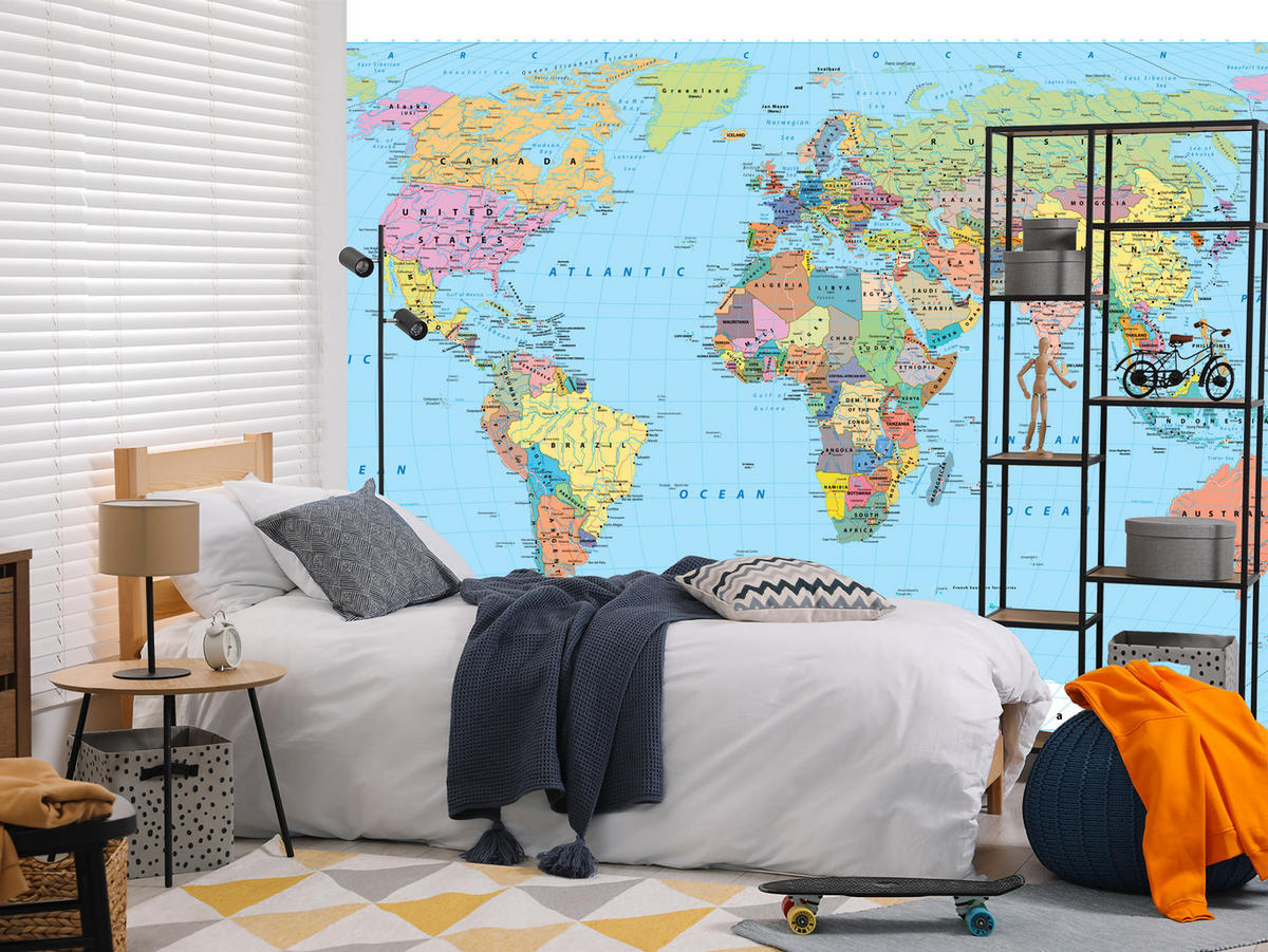 FOTOTAPETE für Wohnzimmer Politische Weltkarte Kontinente 200x140 - Gelb/Rosa, Papier (200/140cm) - Muralo