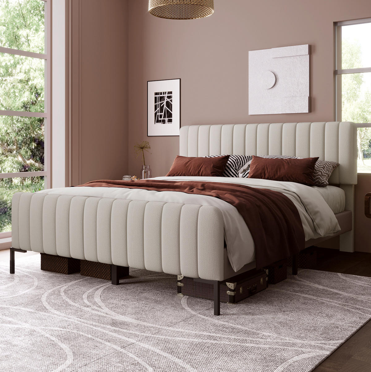 POLSTERBETT 140/200 cm in Grau-Beige mit verstellbarem Kopfteil - Grau, Textil (140/200cm) - Flora Grace