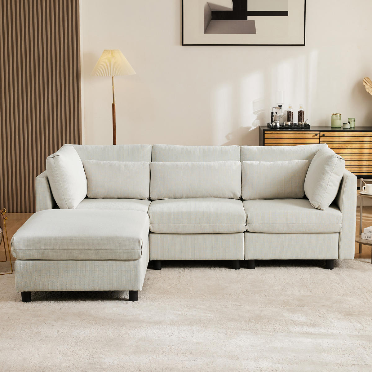 ECKSOFA L-Form Dreisitzer mit Fußhocker Modern Polster Beige - Beige, Holz (76/76cm) - FLIEKS
