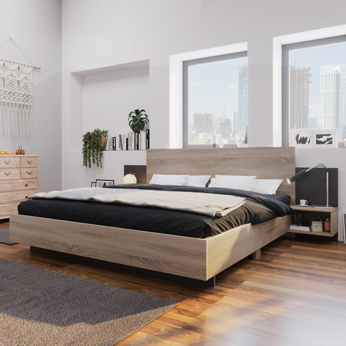 DOPPELBETT 160/200 cm mit 2 integrierten Nachtkommoden und Lattenrost, Massivholz in Sonoma-Eiche/Dunkelgrau - Dunkelgrau, Holz (160/200cm) - Redom