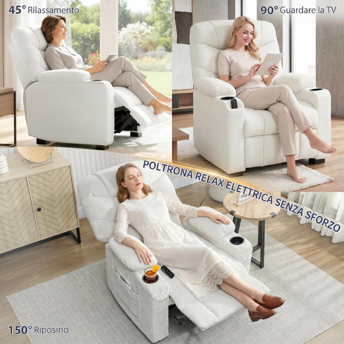 RELAXSESSEL,ELEKTRISCH 150° Samt Memory Fernbedienung Fußstütze,creme - Creme, Textil (90/105/94cm) - Vallsero