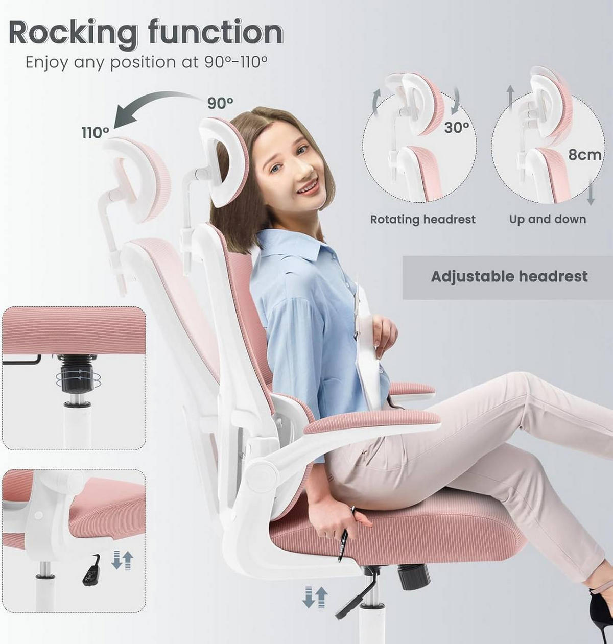 BÜROSTUHL ergonomisch, Netzstoff, Rosa - Schwarz/Rosa, Kunststoff/Textil (62/116/69.5cm) - Woltu