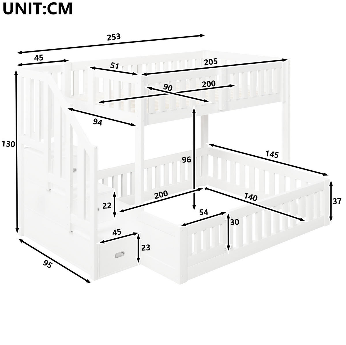 ETAGENBETT aus Kiefernholz und MDF 90x200/140x200 cm Weiß mit Stauraumtreppe - Weiß, Holzwerkstoff (90/200cm) - Modfu