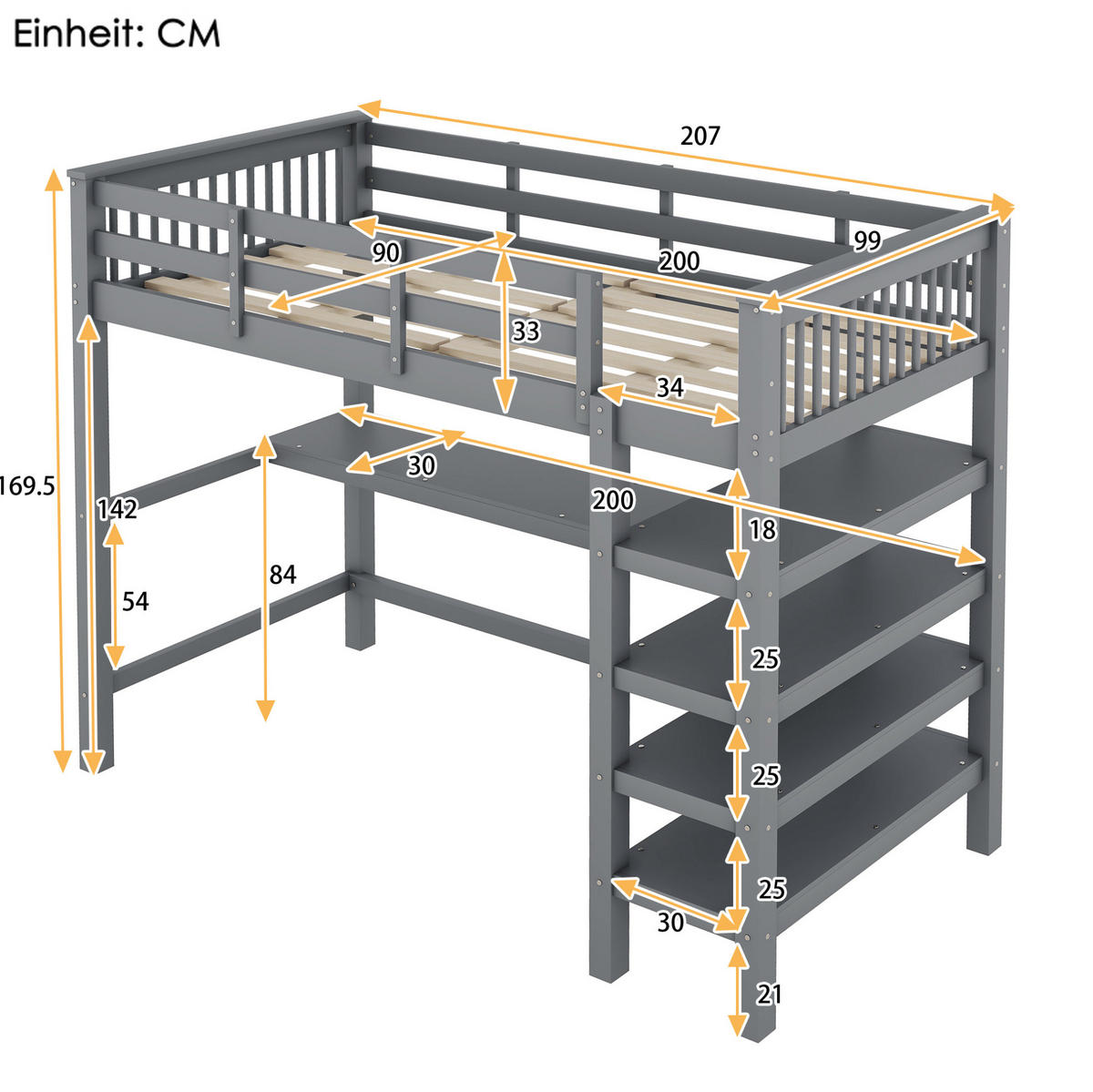 HOCHBETT 90/200 cm aus Kiefernholz und MDF mit Schreibtisch und Ablagefächern Grau - Grau, Holzwerkstoff (90/200cm) - Modenvie
