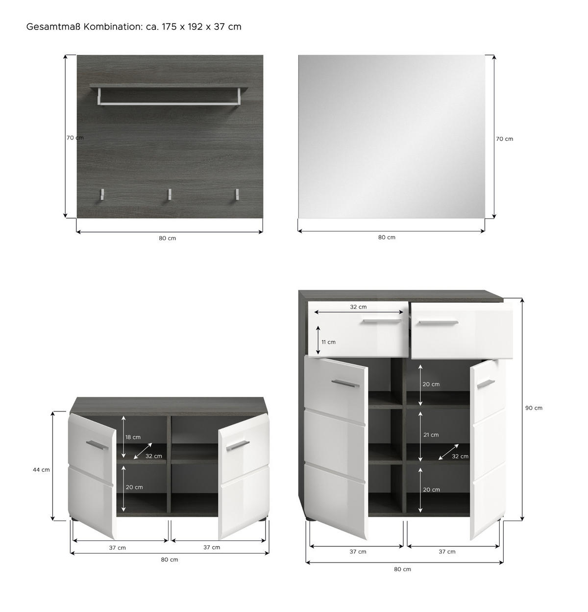 GARDEROBE Set 4-teilig weiß Hochglanz, grau 175 cm, Komplettset mit viel Stauraum - Weiß Hochglanz/Silberfarben, Glas/Holzwerkstoff (175/192/37cm) - Inn.Furn