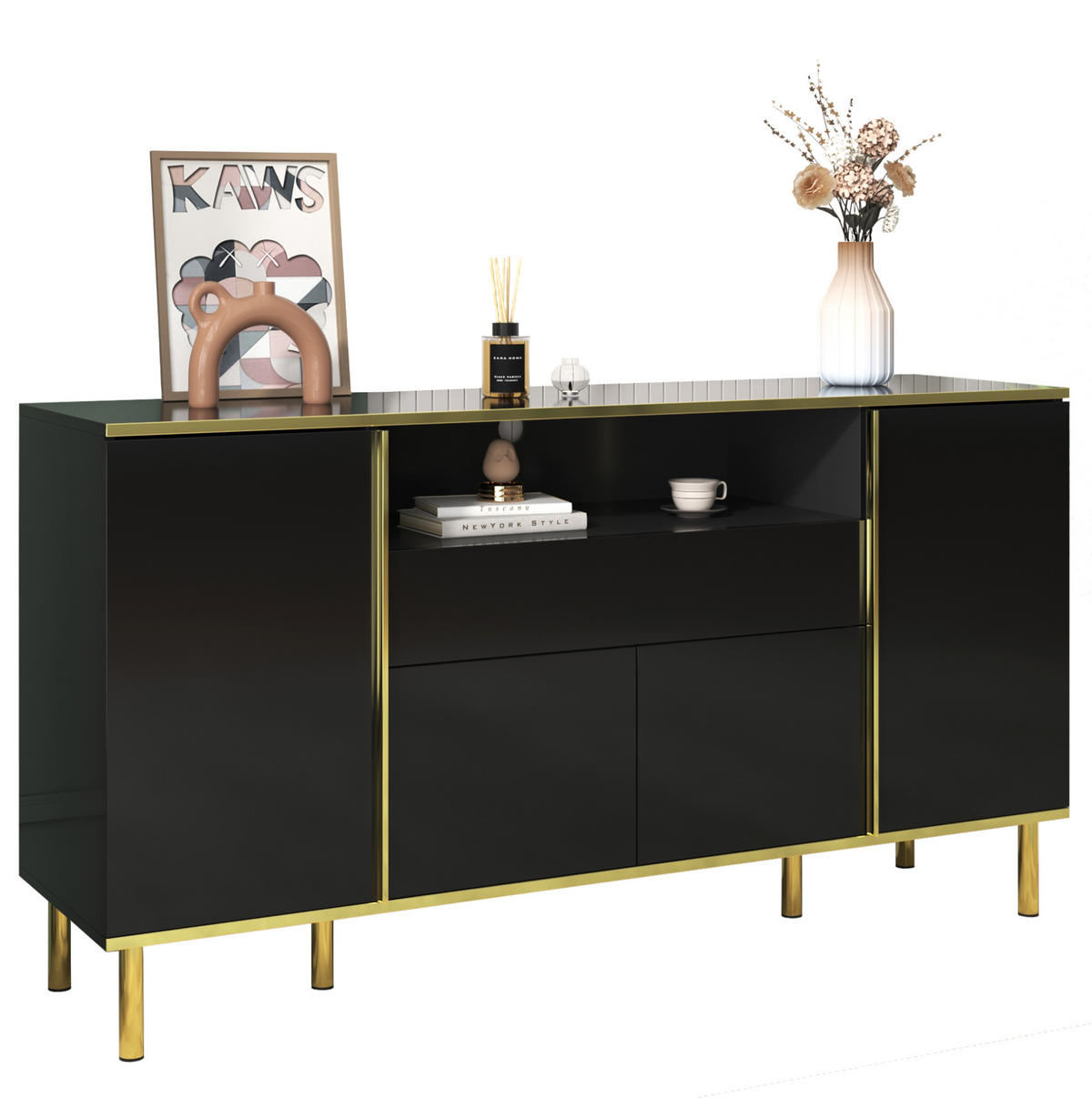 SIDEBOARD 150/40/80 cm in Schwarz Hochglanz mit 4 Türen, Schublade und LED - Schwarz, Holzwerkstoff (150/80/40cm) - Flora Grace