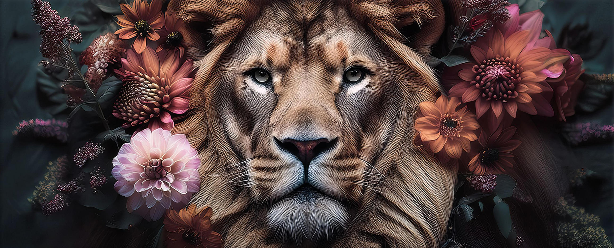 GLASBILD 125x50 cm Löwe Blumen Vintage - Rot, Glas (125/50cm) - artissimo