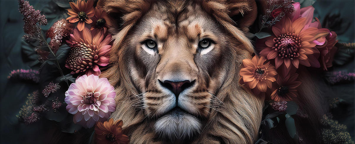 GLASBILD 125x50 cm Löwe Blumen Vintage - Rot, Glas (125/50cm) - artissimo