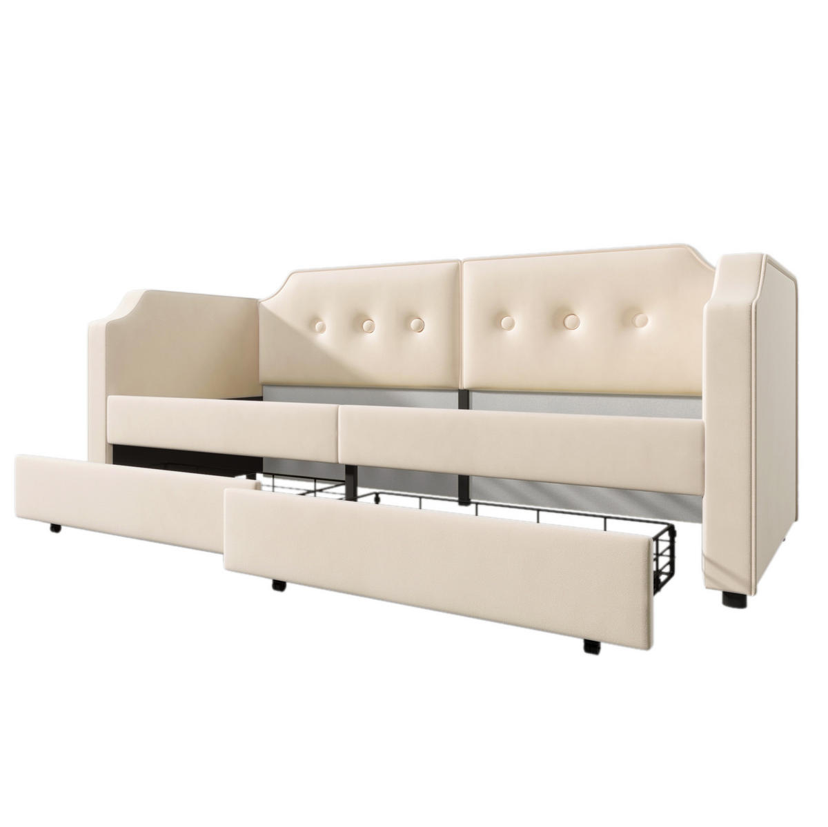SAMT-POLSTERBETT 90/200 cm mit Lattenrost, 2 Schubladen und USB-Type-C - Beige, Textil (90/200cm) - BEAOK