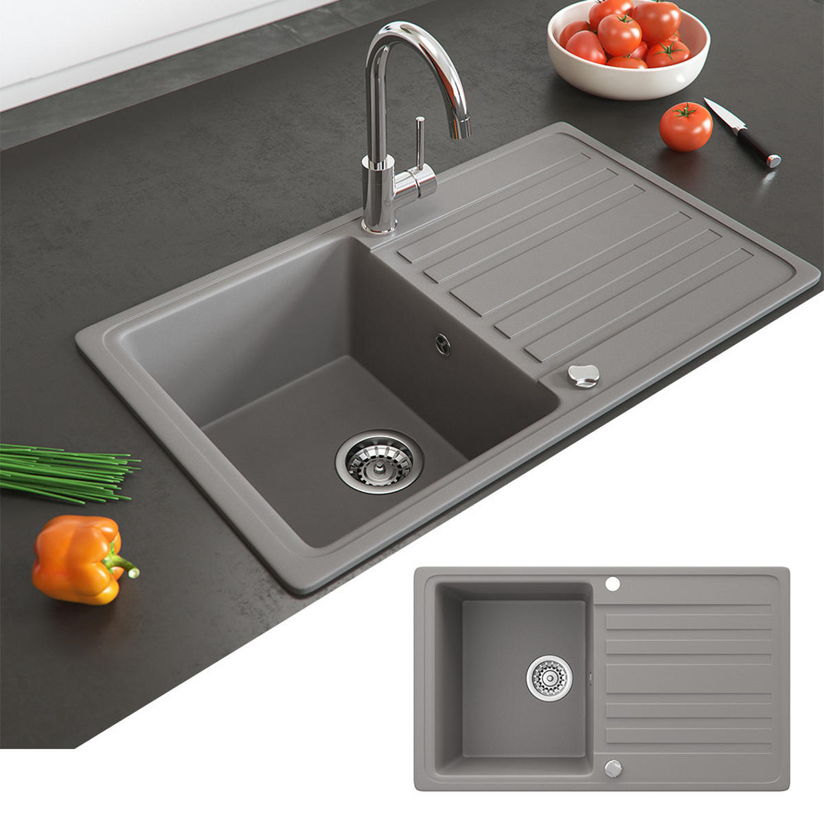 SPÜLBECKEN Beton 76.5 x 46 cm mit Trockenplatz - Schieferfarben, Keramik (76.5/19/46cm) - Bergstroem