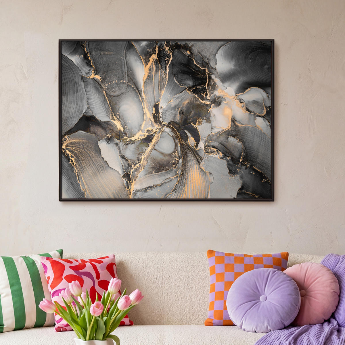 LEINWAND Bilder mit Rahmen - Grau - Luxus - Gold - Marmor - 100x70 - Dunkelgrau, Textil (100/70cm) - MuchoWow