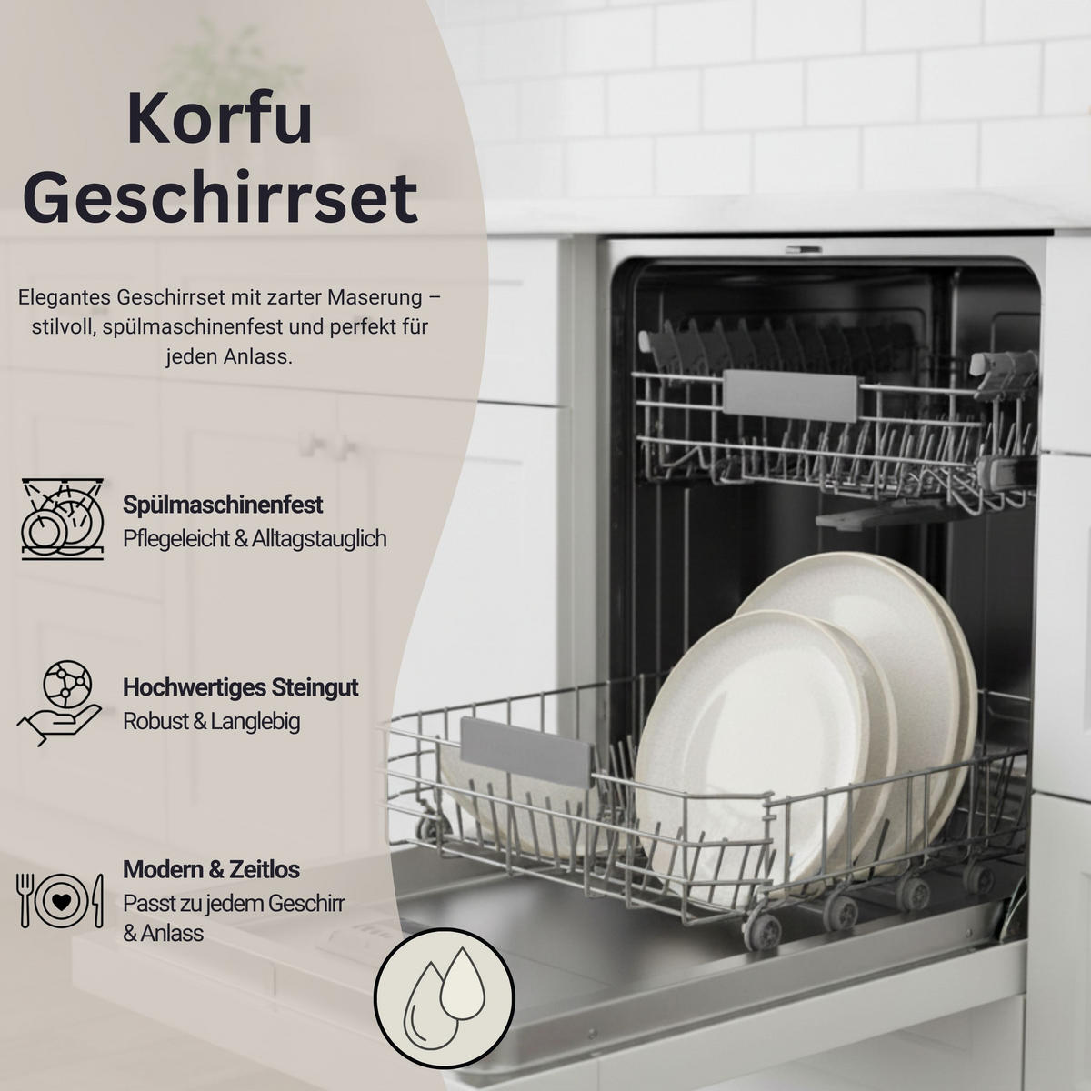 TAFELSERVICE KORFU - 36 teilig aus Steingut 12 Personen - Creme, Stein (27.5/5/27.5cm) - Sänger