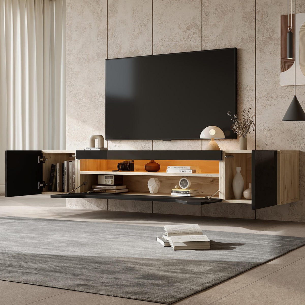 TV-SCHRANK 180x37cm wandmontierbar Hochglanz LED 3 Fächer Schwarz & Naturholz - Braun, Holz (44.5/14/120.78cm) - FLIEKS