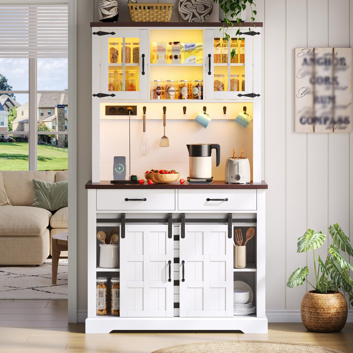 BUFFET 108/40/181 cm Weiß mit Steckdose, LED-Beleuchtung, Arbeitsplatte und 6 Schubladen - Weiß, Holz (108/180/40cm) - Oxeza