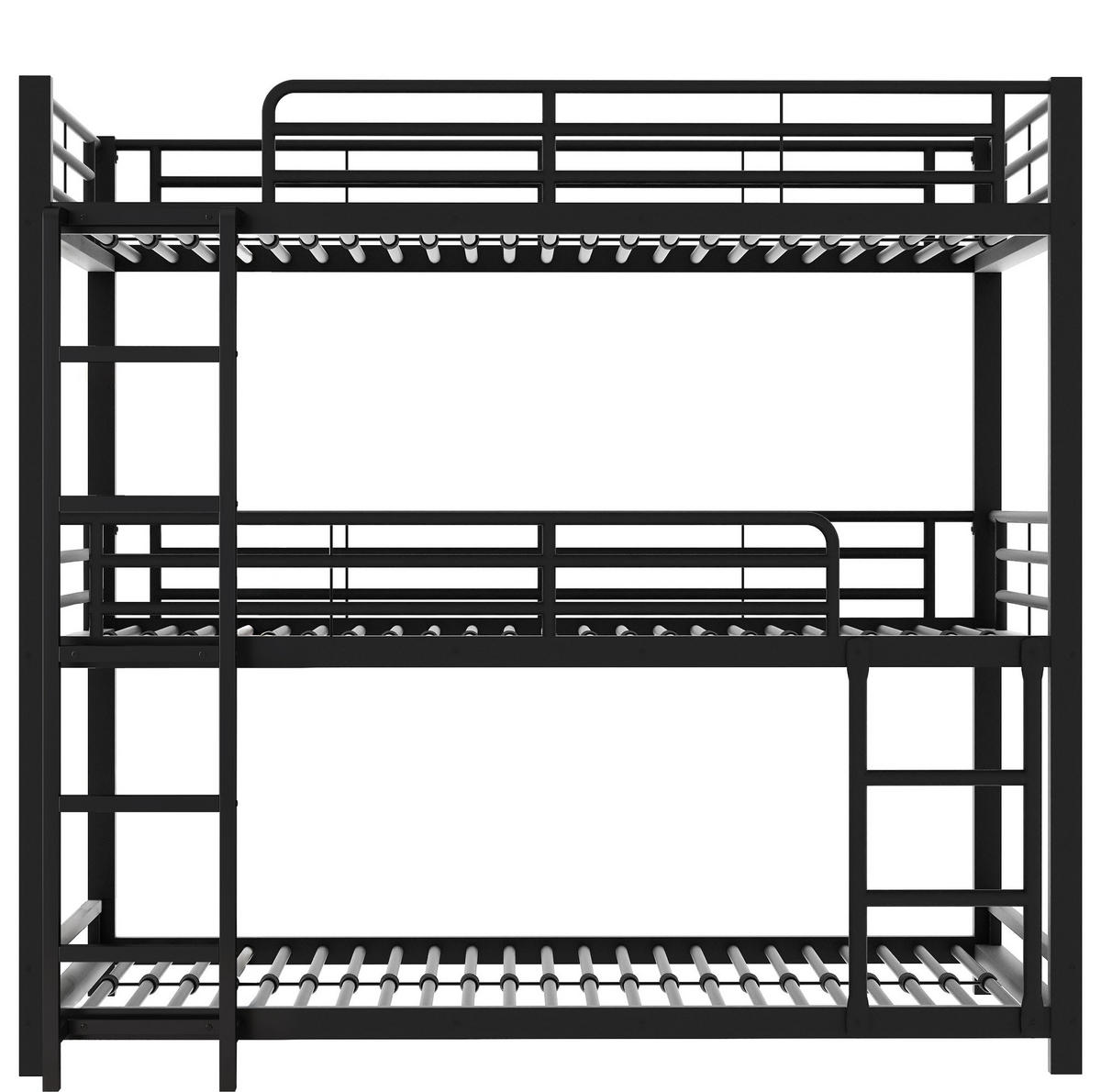 DREIFACH-ETAGENBETT aus Metall 90x200 cm Schwarz mit Sicherheitsgeländern und Leiter - Schwarz, Metall (90/200cm) - Modfu