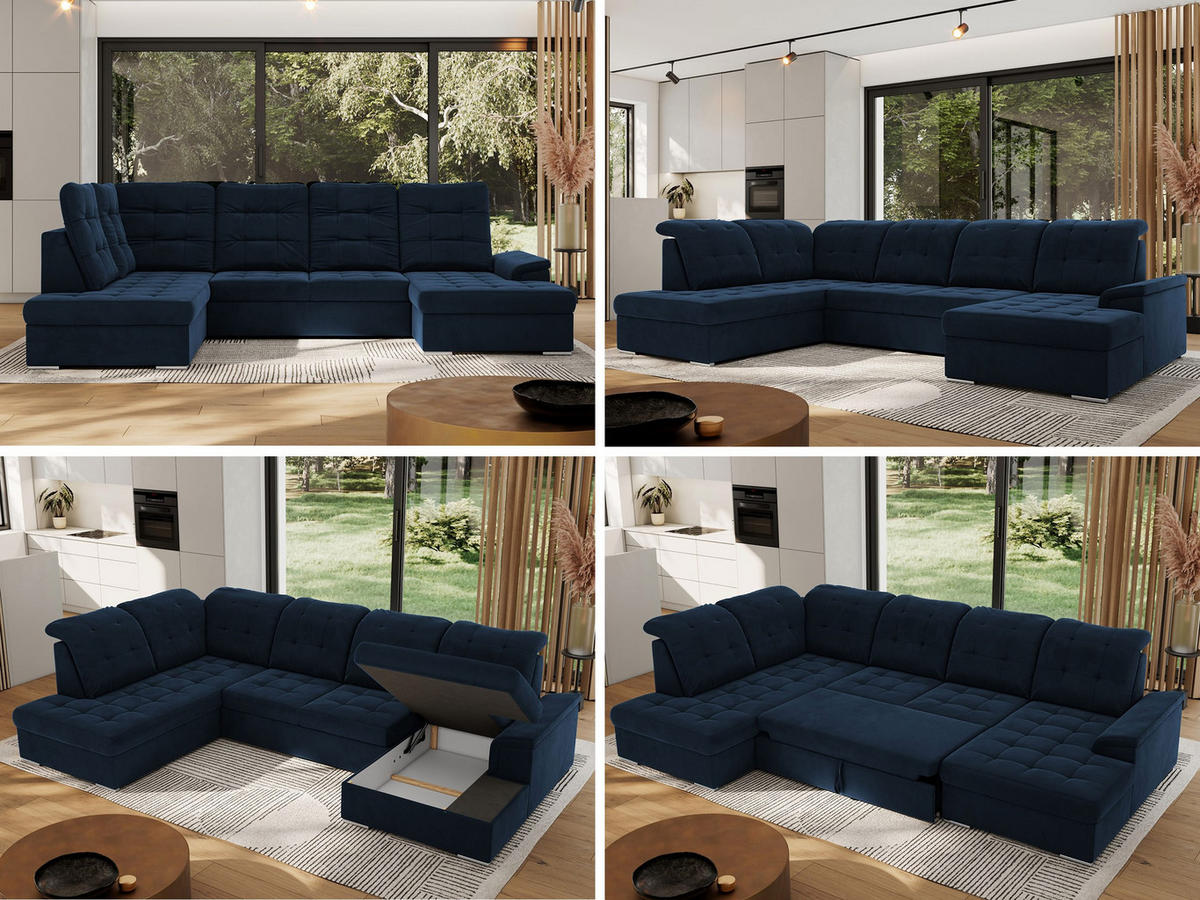 WOHNLANDSCHAFT MADRITO U - Dunkelblau Velorus - Links - Silberfarben/Dunkelblau, Textil/Metall (204/89/323cm) - MKS