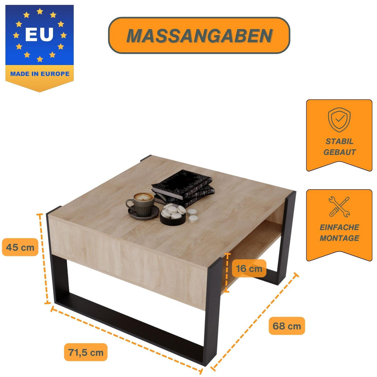 COUCHTISCH Holzwerkstoff rechteckig stabil Sonoma Eiche 45/71.5/68cm - Schwarz/Sonoma Eiche, Holzwerkstoff (71.5/68/45cm) - CraftPAK
