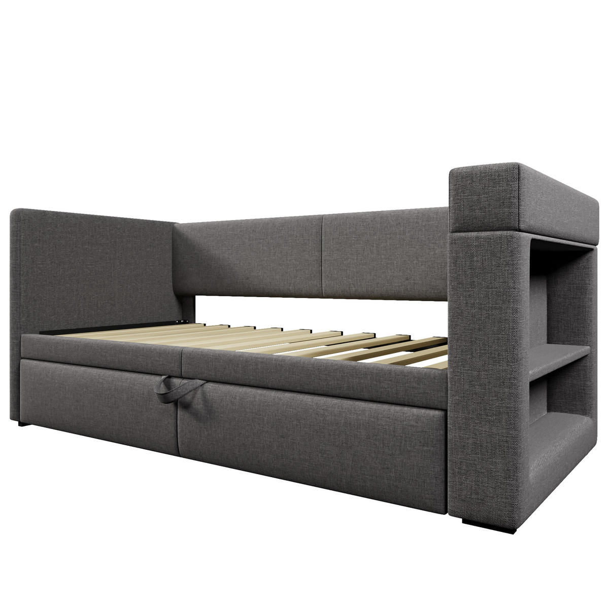 POLSTERBETT 90/200 cm mit Ausziehbett, USB- und Type-C-Anschluss, Getränkehaltern und Ablagen, Baumwoll-Leinen-Bezug, Grau - Grau, Textil (90/200cm) - Redom